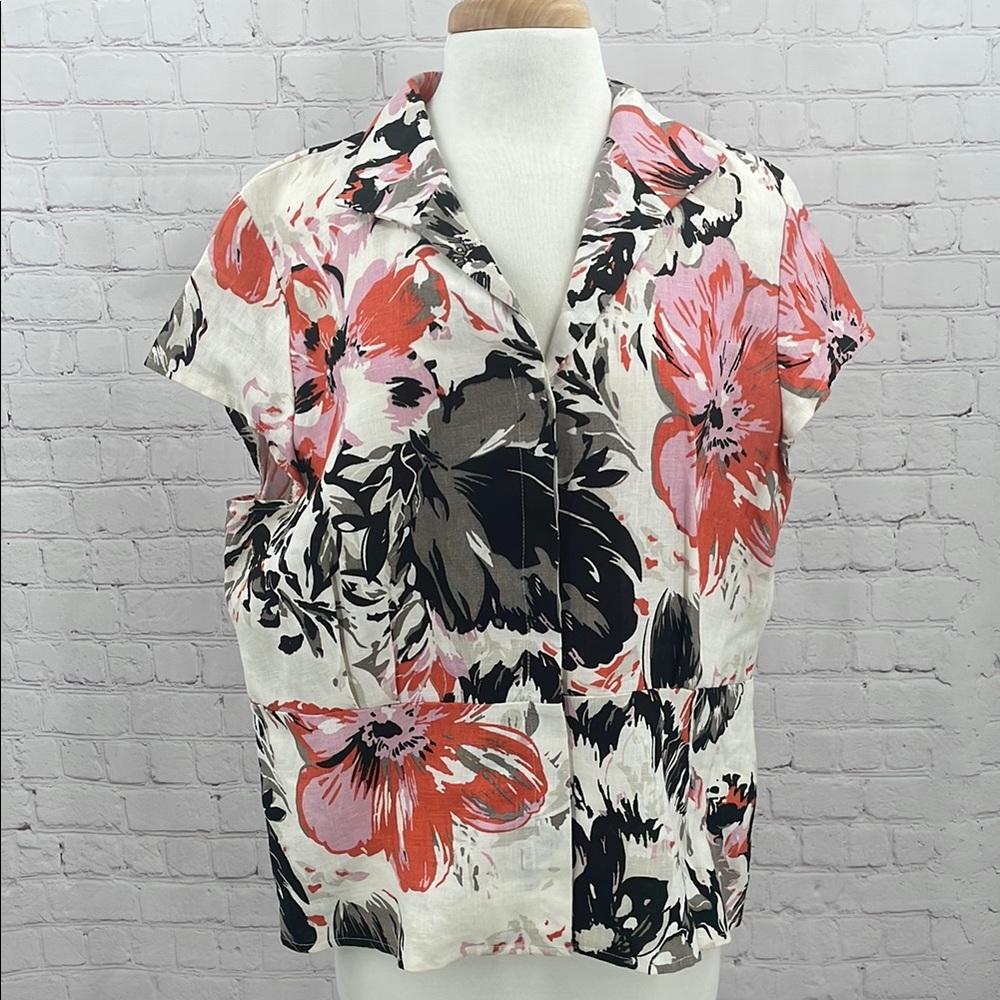 Floral Print Multicolor Yarns & Stitches 100% Linen Button Short Sleeve Top